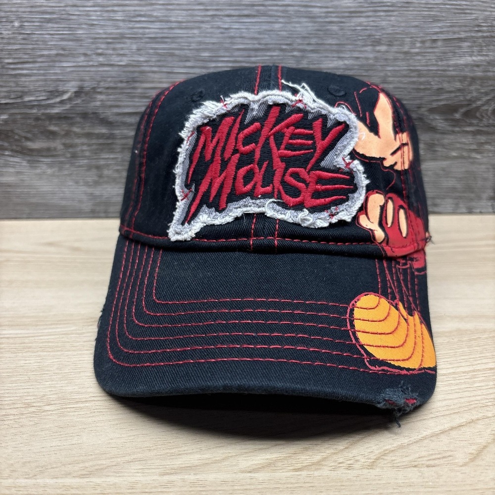 Disney Mickey Mouse Hat Cap Strap Back Black Red Distressed Embroidered Mens